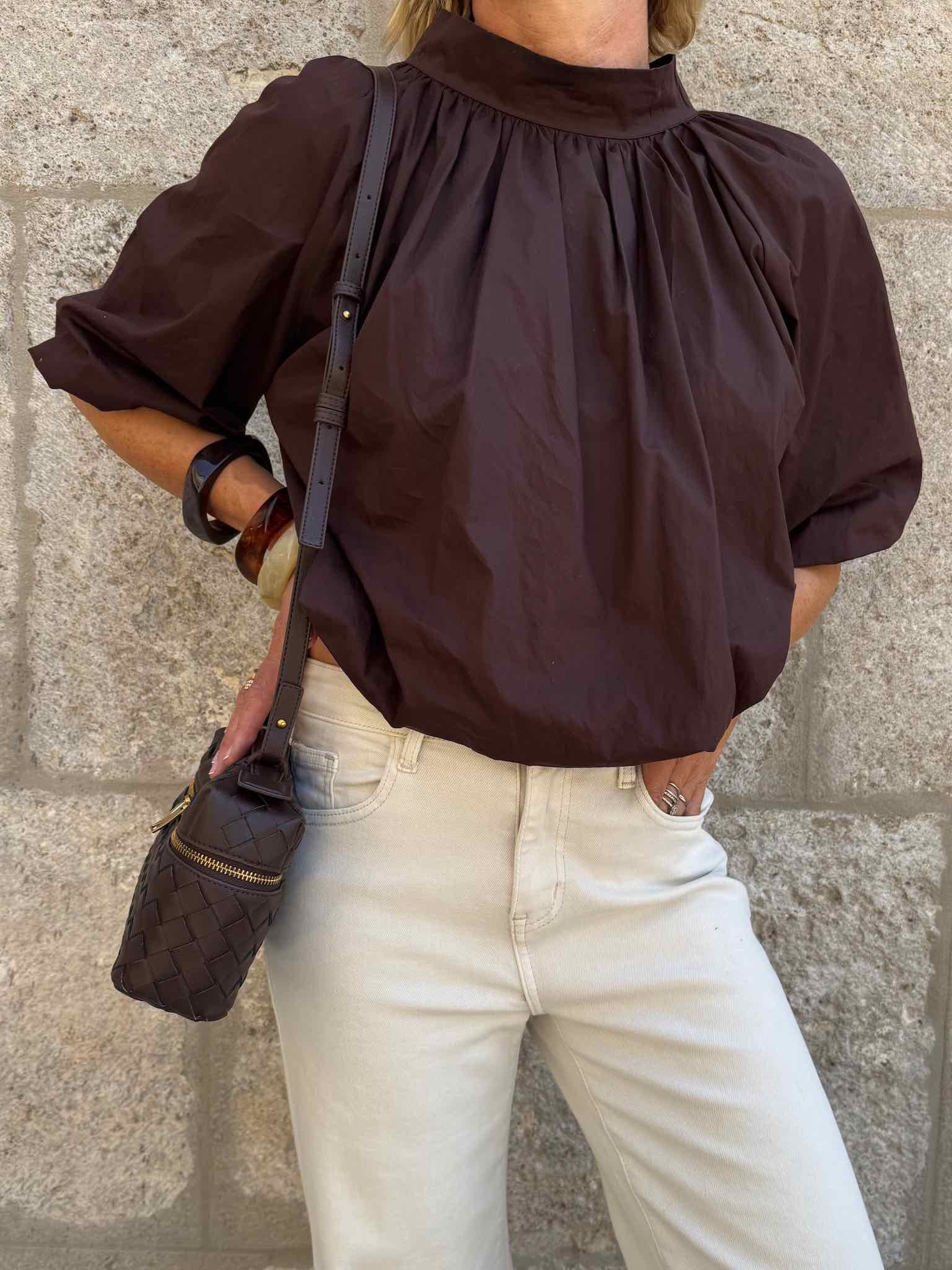Ballonbluse mit Schleife für Damen in Chocolate von Maingold Basics