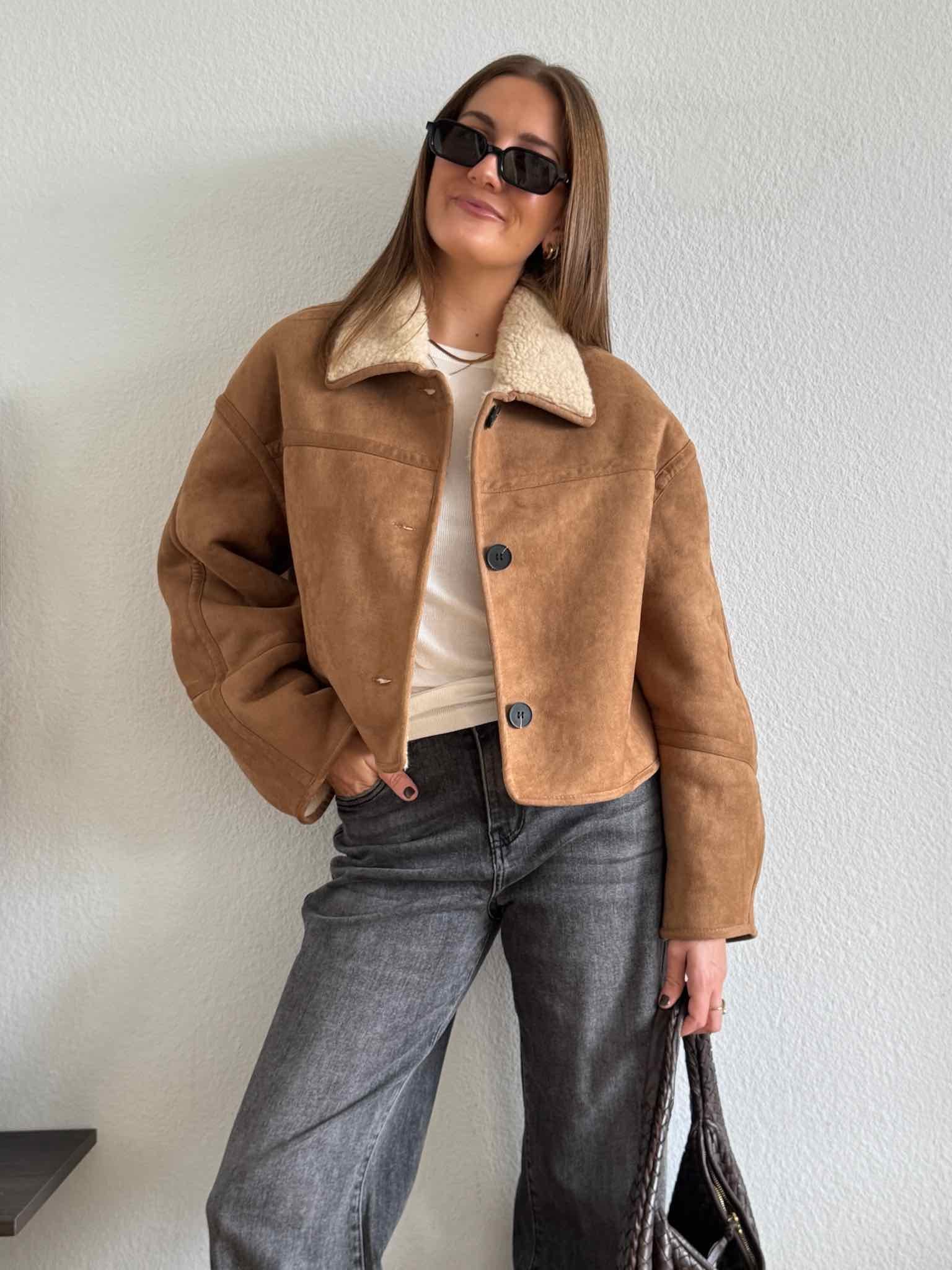 Faux Fur Wildleder Jacke für Damen in Caramel von Maingold Basics