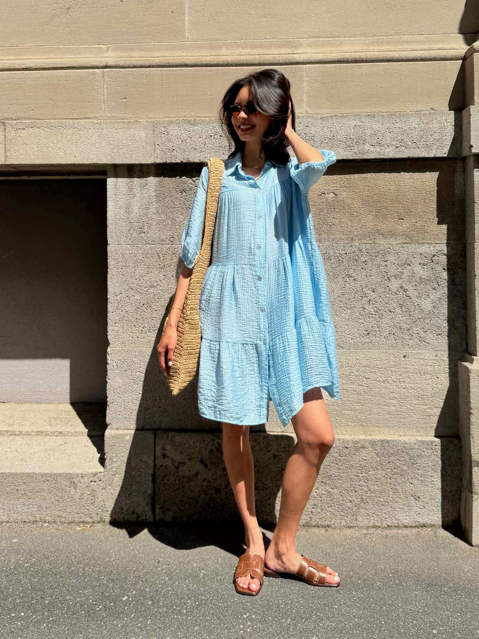 Glänzendes Blusenkleid in Krepp-Optik für Damen in Baby Blue von Maingold Basics