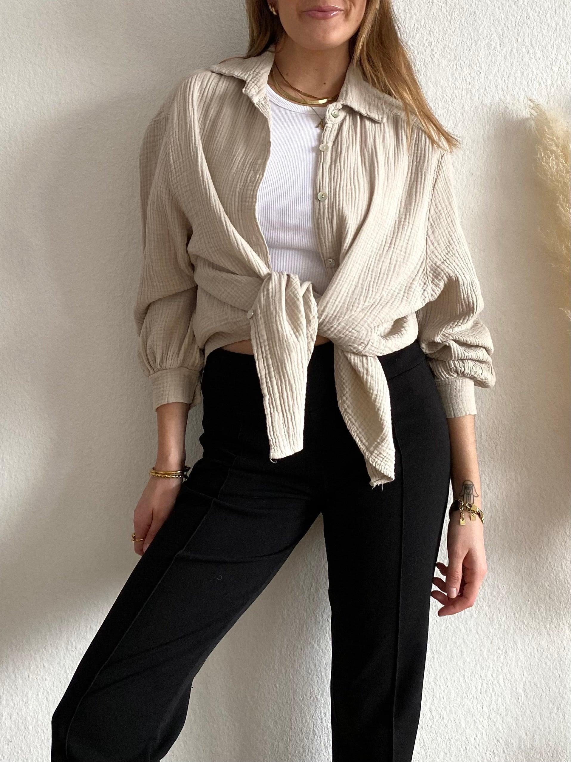 Kurze Musselin Bluse - Beige