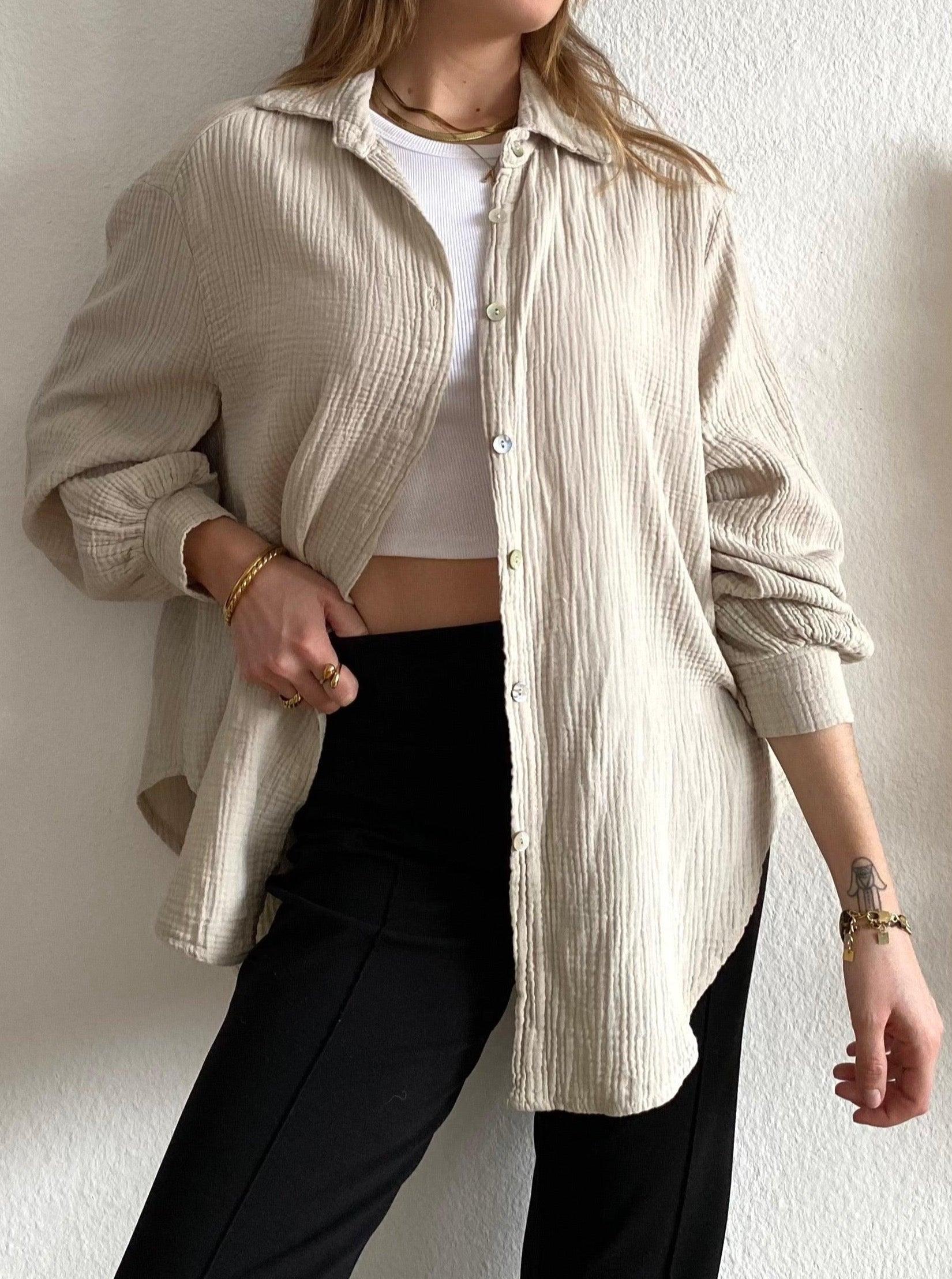 Kurze Musselin Bluse - Beige