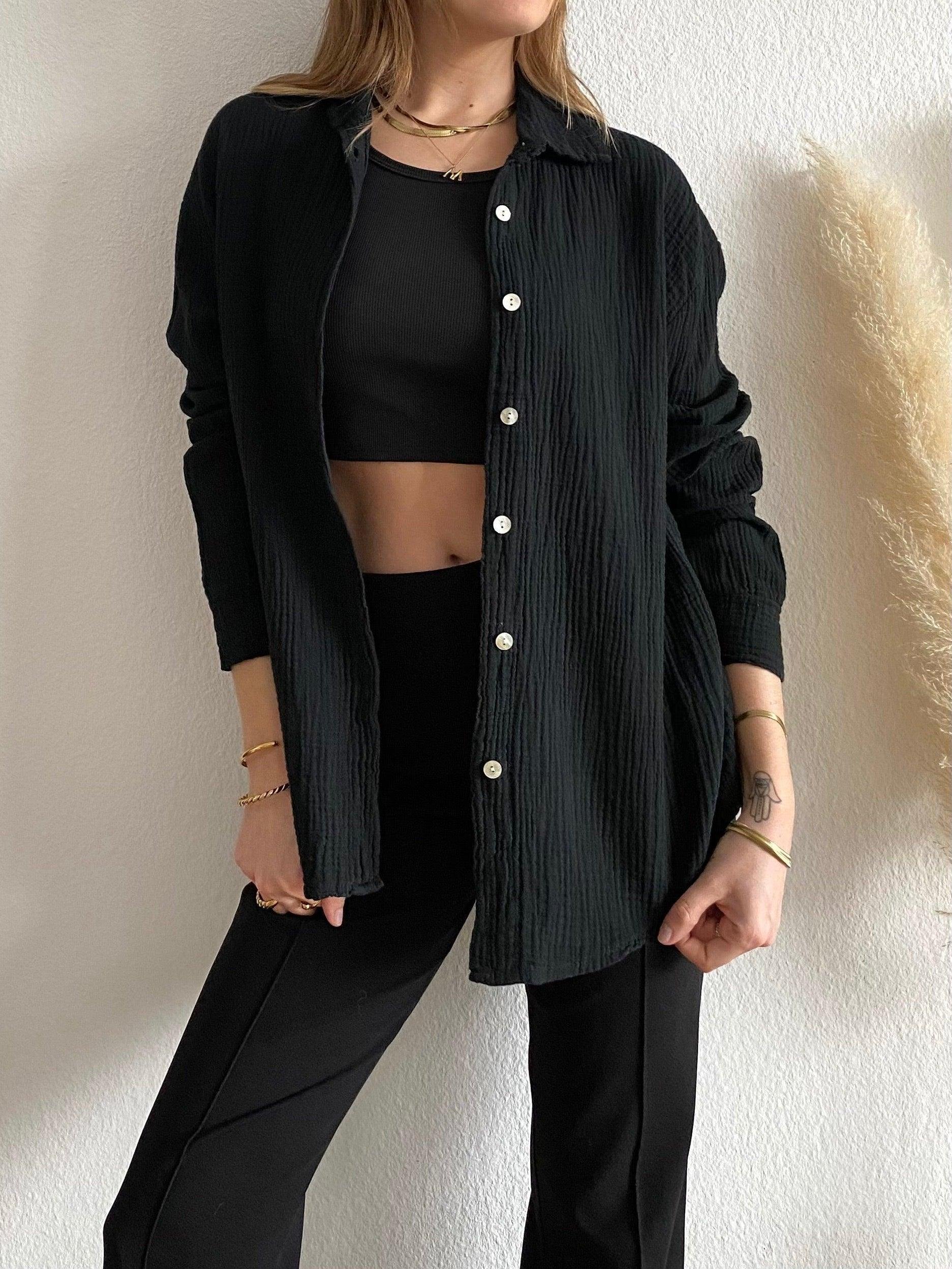 Kurze Musselin Bluse - Black