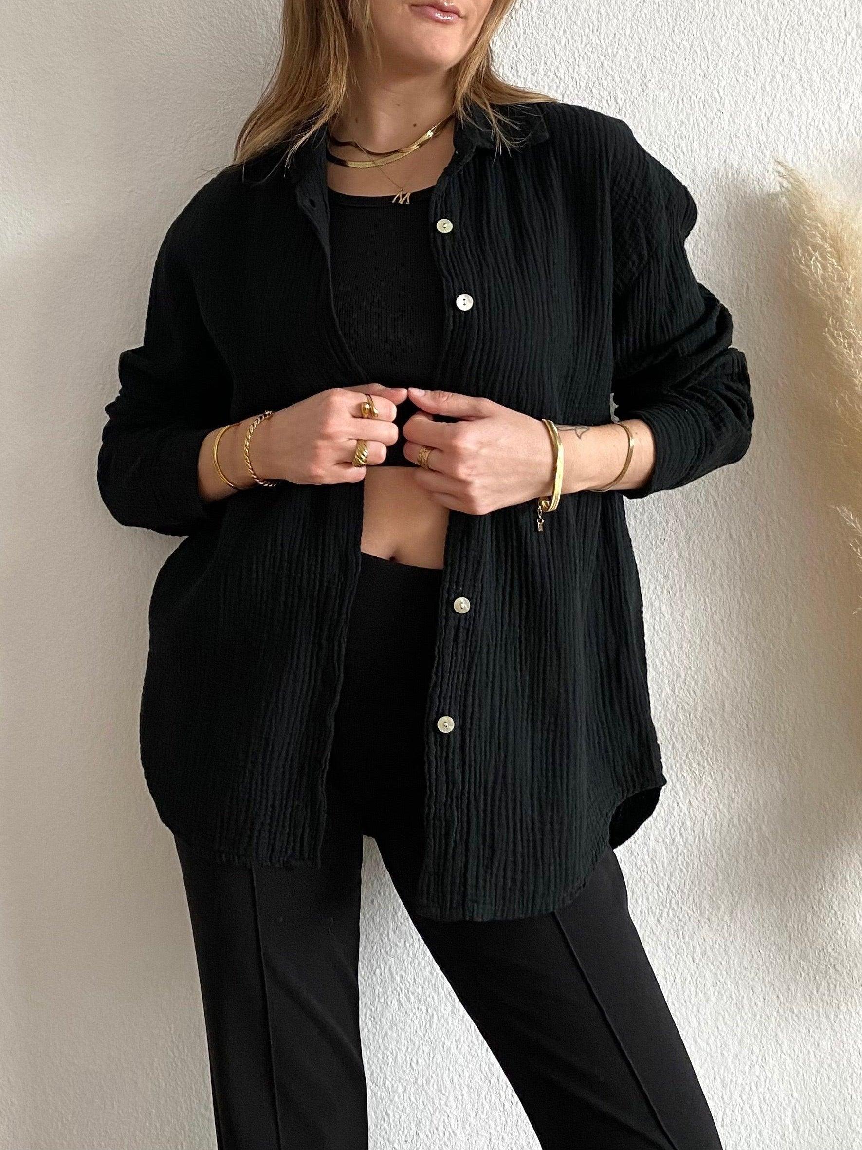 Kurze Musselin Bluse - Black