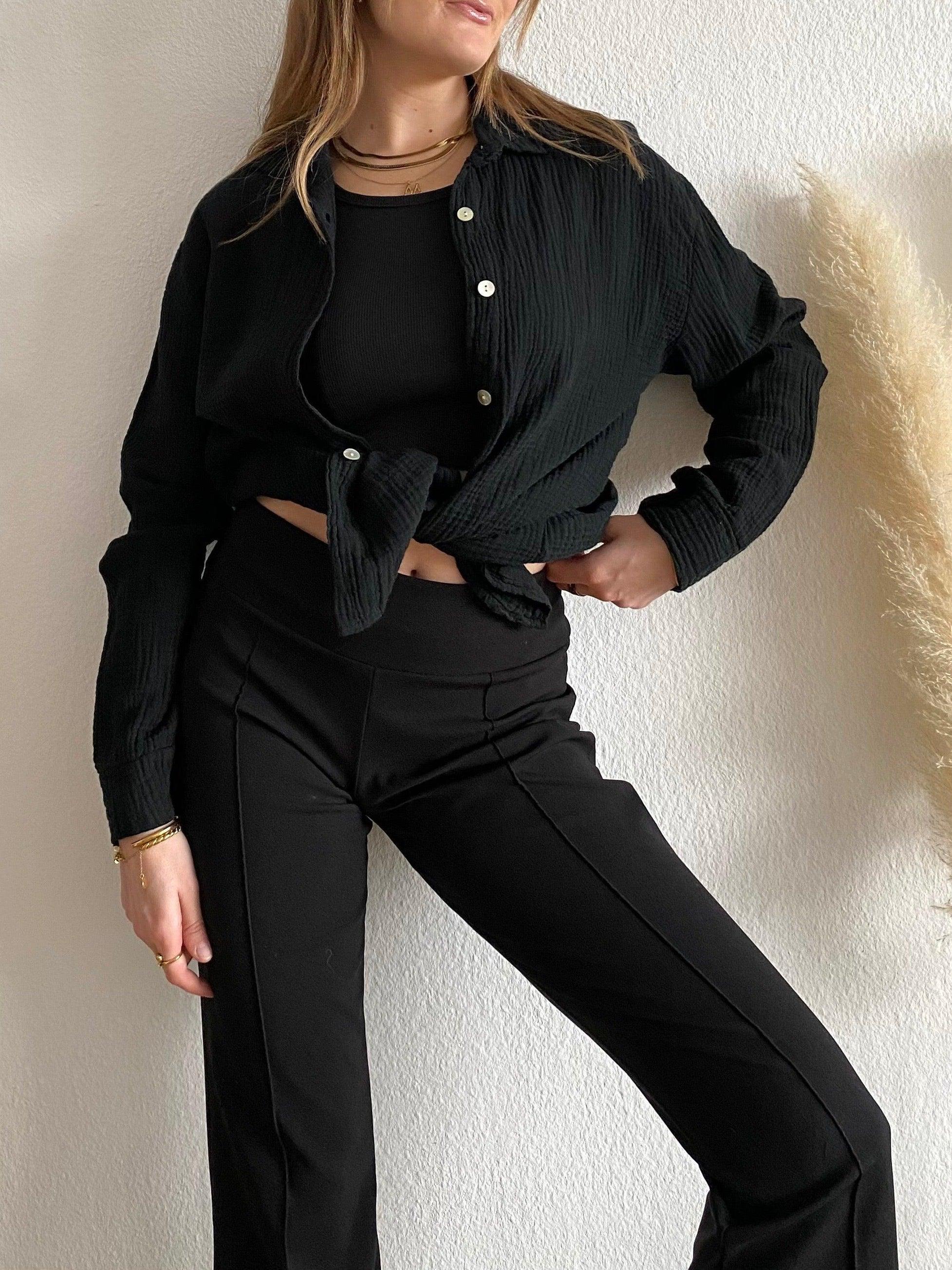 Kurze Musselin Bluse - Black