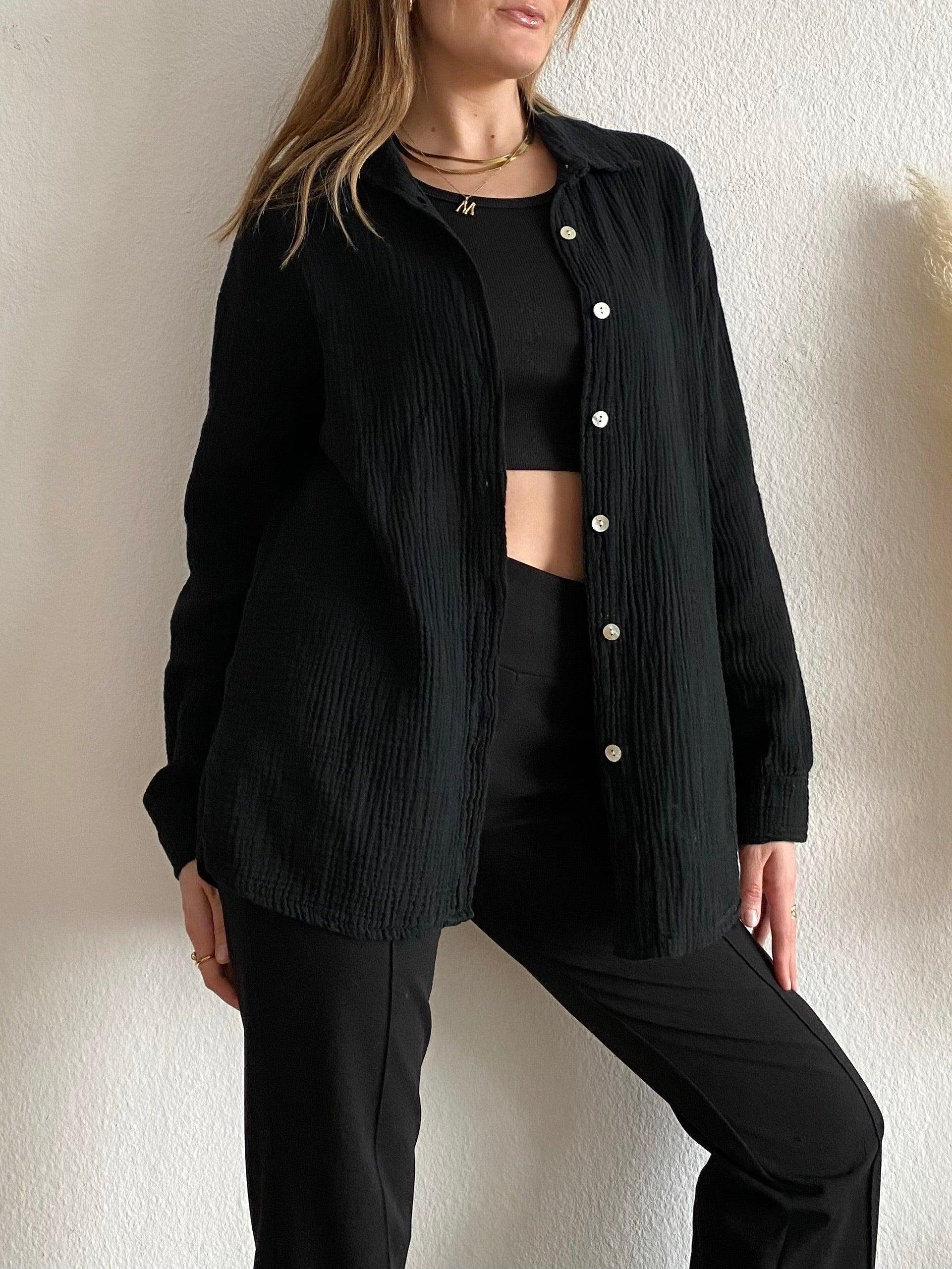 Kurze Musselin Bluse - Black