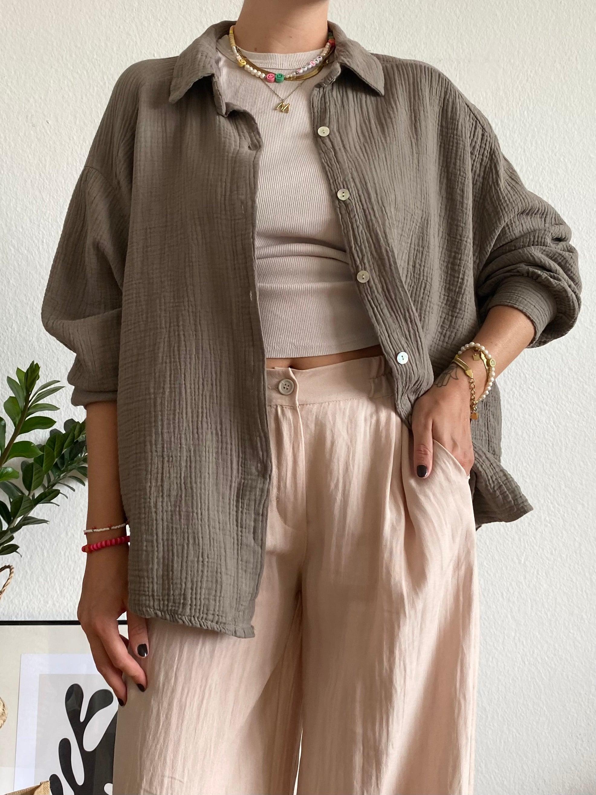 Kurze Musselin Bluse - Taupe