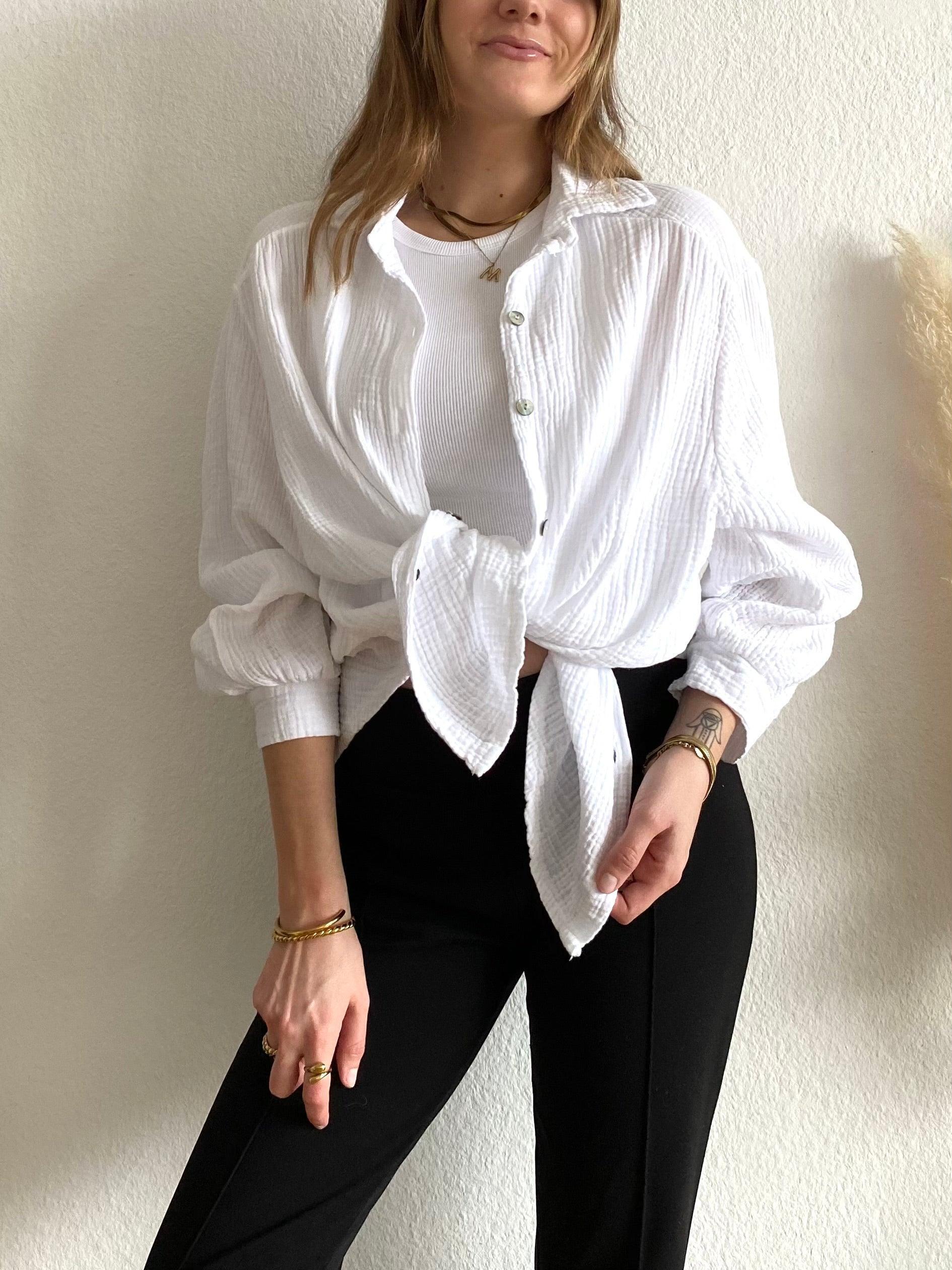 Kurze Musselin Bluse - White
