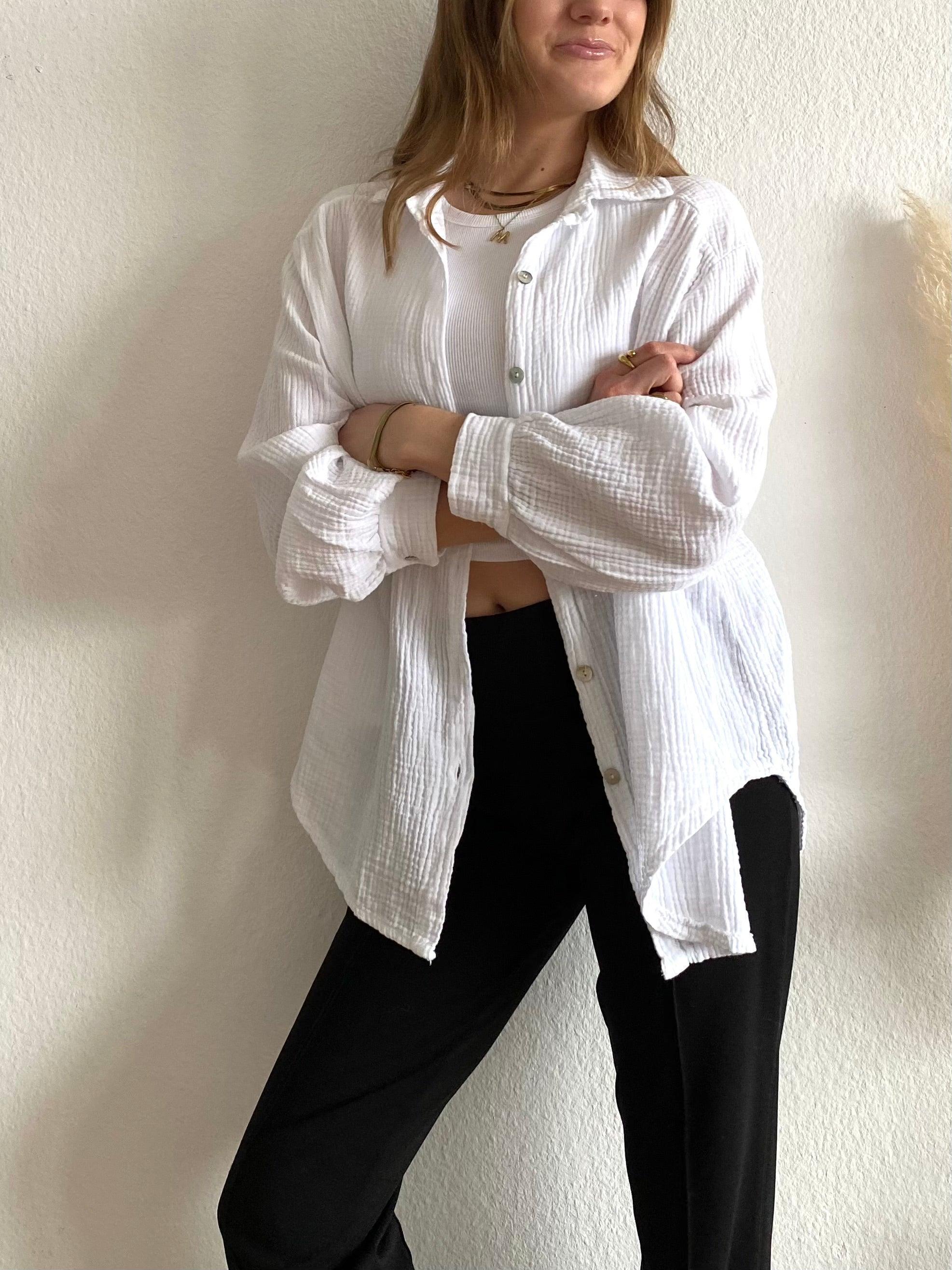 Kurze Musselin Bluse - White