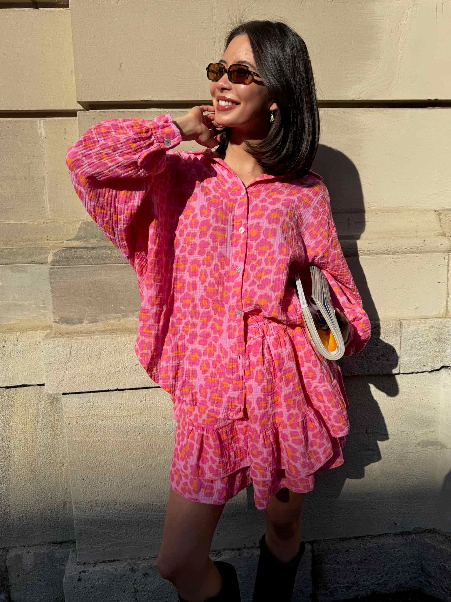 Kurze Musselin Leo Bluse für Damen in Pink von Maingold Basics
