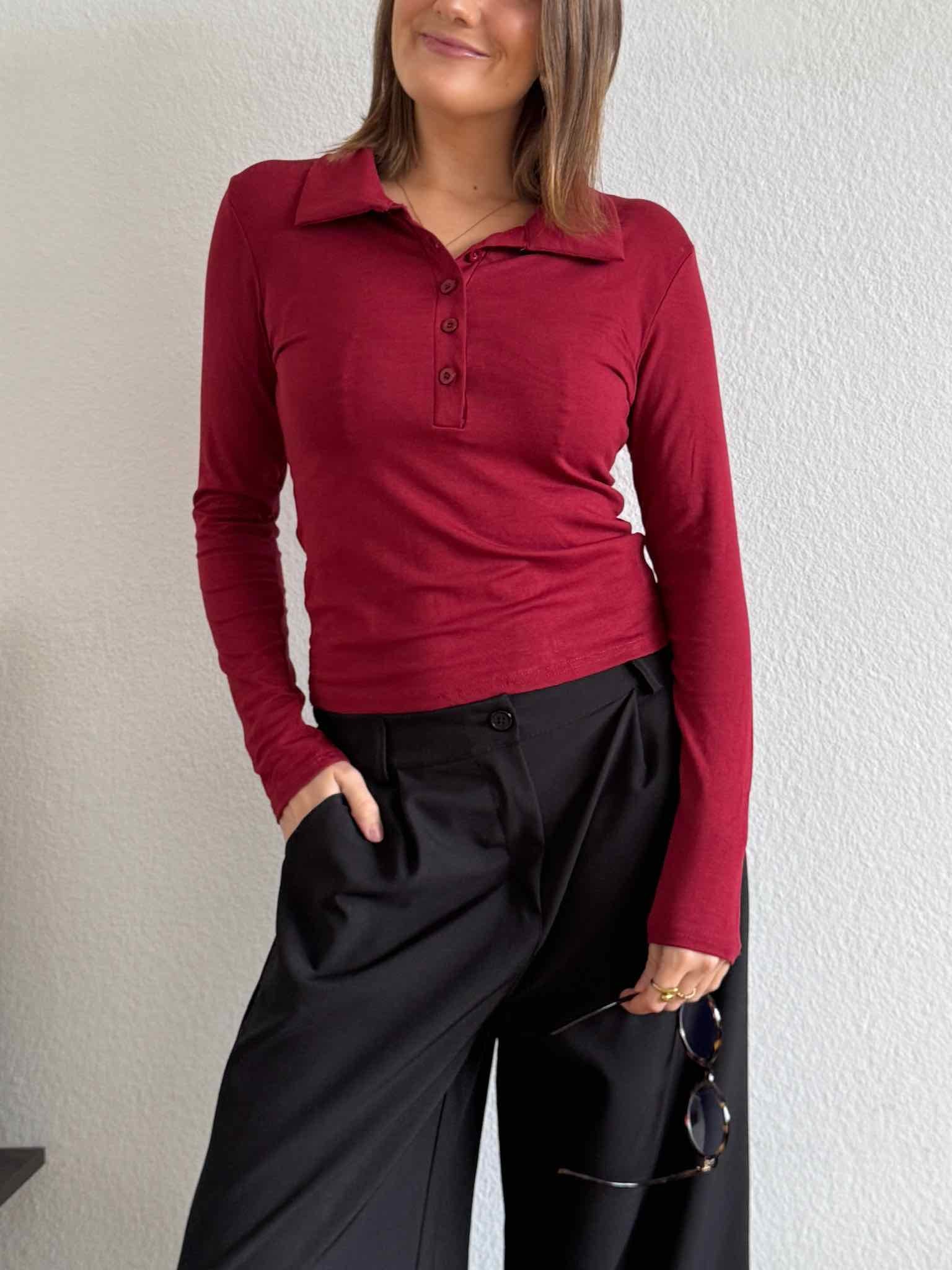 Langarm Polo Shirt für Damen in Bordeaux von Maingold Basics