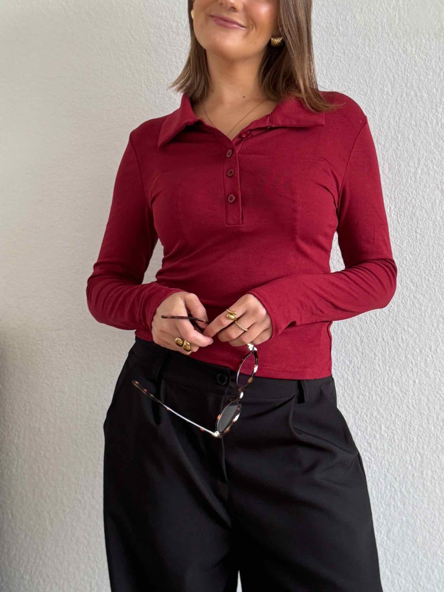 Langarm Polo Shirt für Damen in Bordeaux von Maingold Basics
