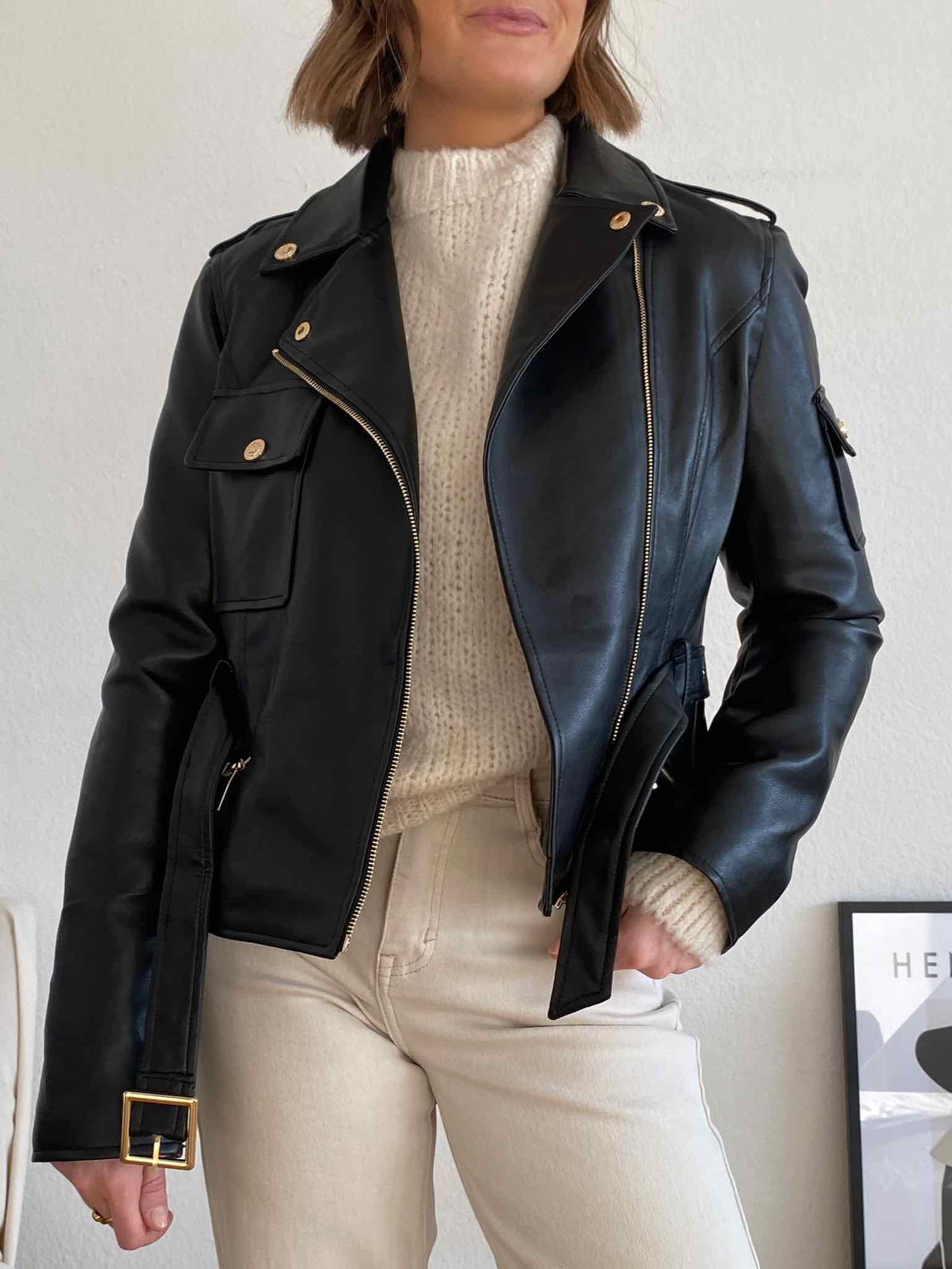 Lederimitatjacke mit Gürtel für Damen in Black von Maingold Basics