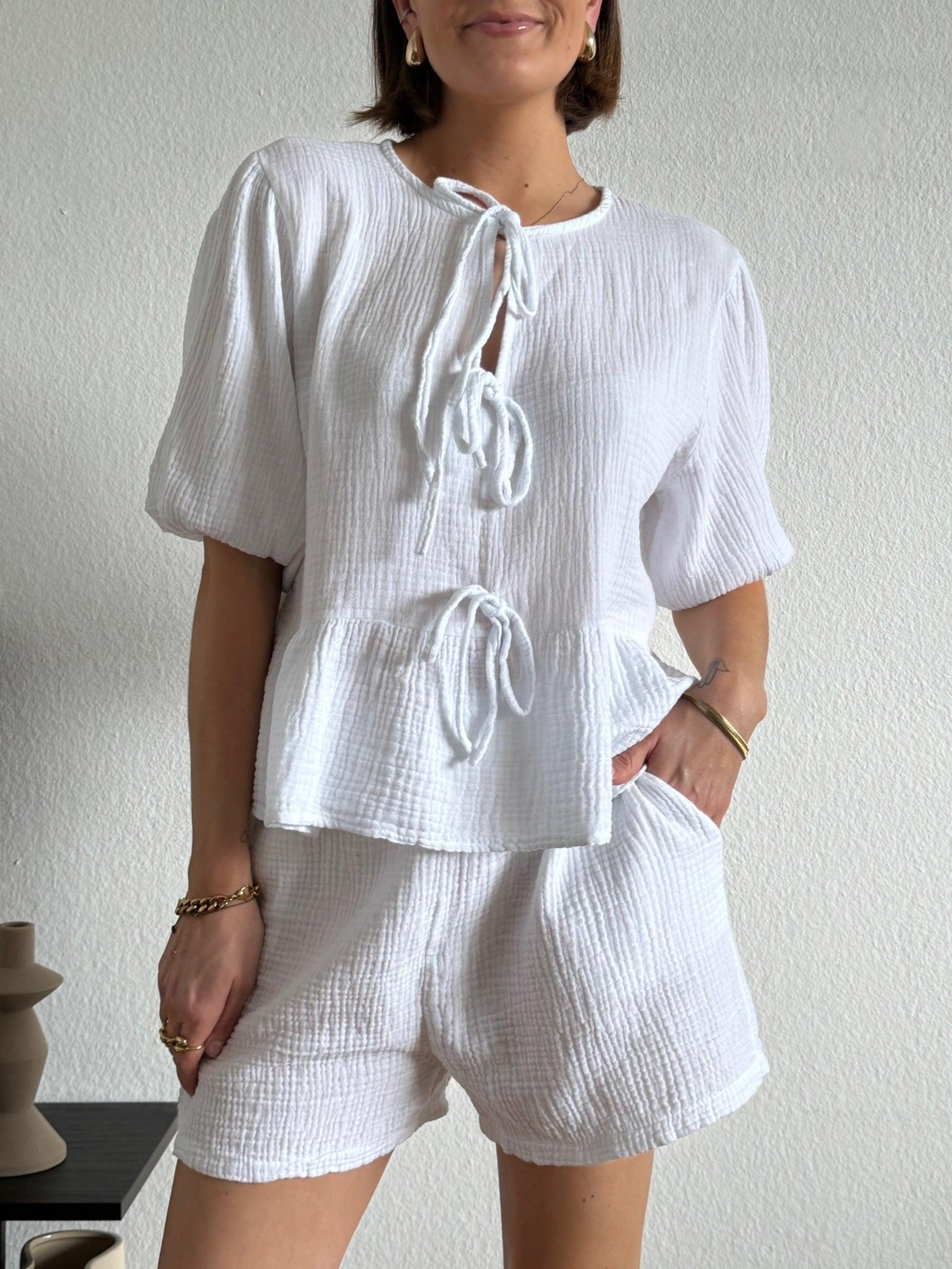 Musselin Bluse mit Schleifen für Damen in White von Maingold Basics