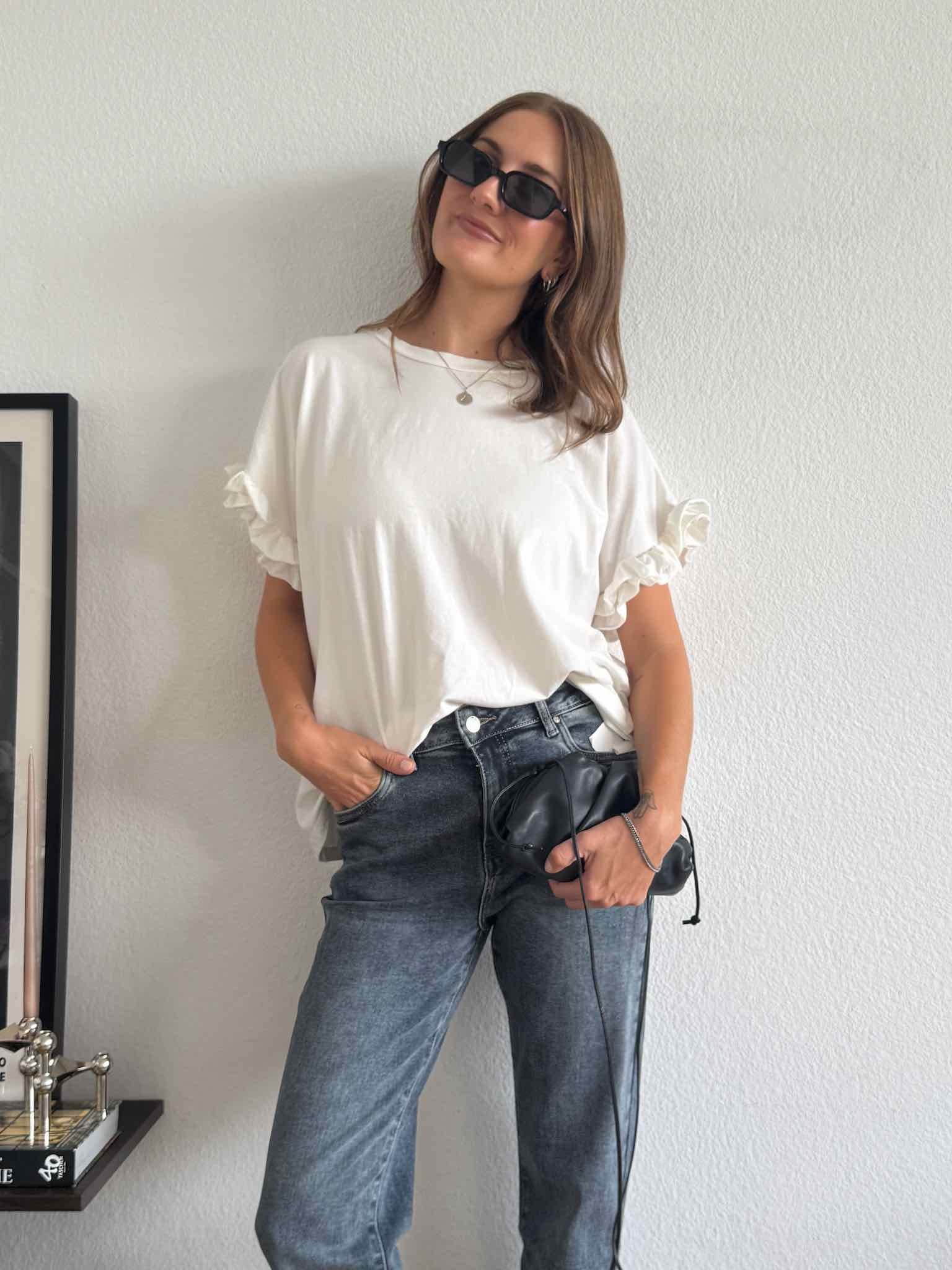 Oversize T-Shirt mit Rüschenärmel - Creme