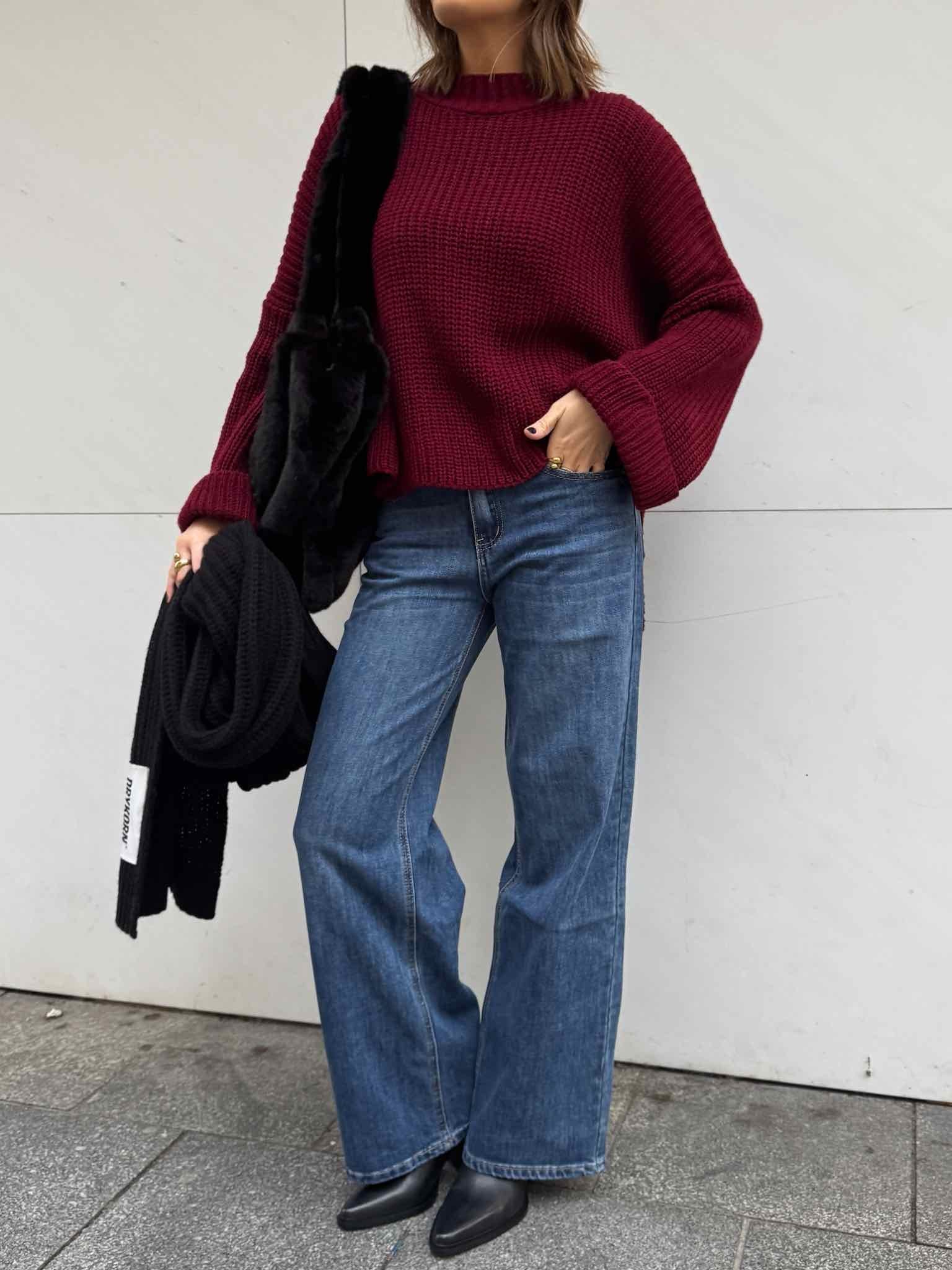 Short Oversize Pulli mit Schlitz - Bordeaux