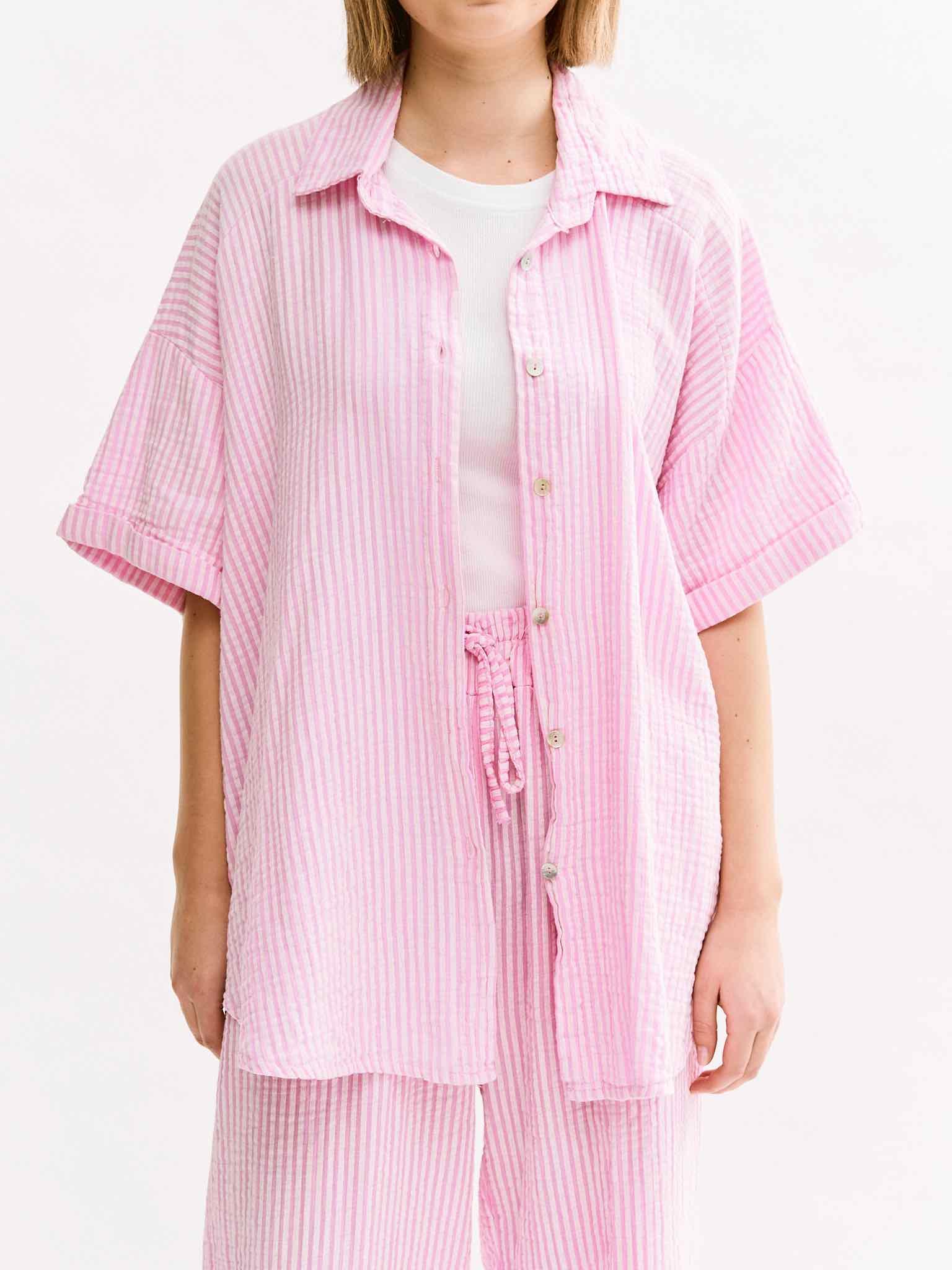 Gestreifte Musselin Bluse Kurzarm für Damen in Baby Pink von Maingold Basics