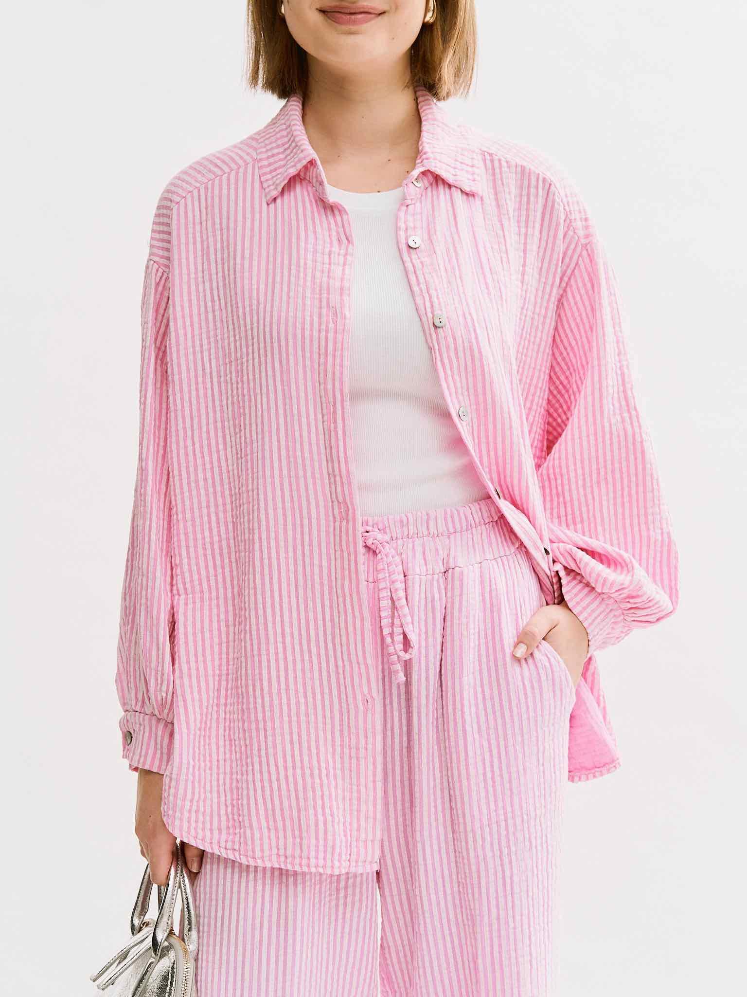 Gestreifte Musselin Bluse Langarm für Damen in Baby Pink von Maingold Basics