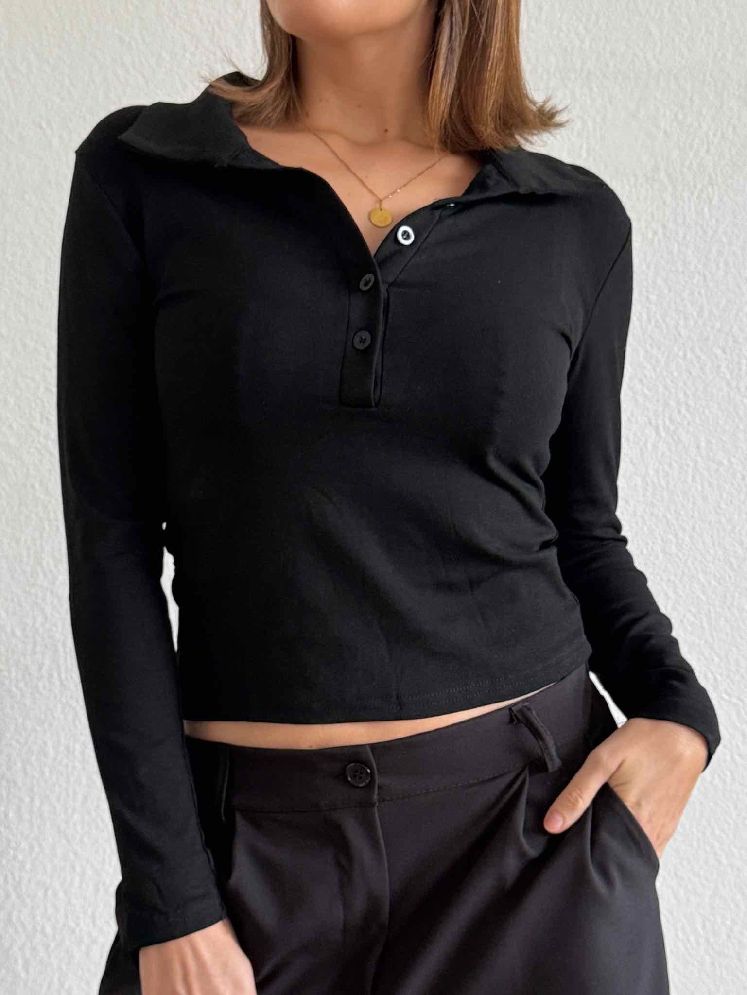 Langarm Polo Shirt für Damen in Schwarz von Maingold Basics