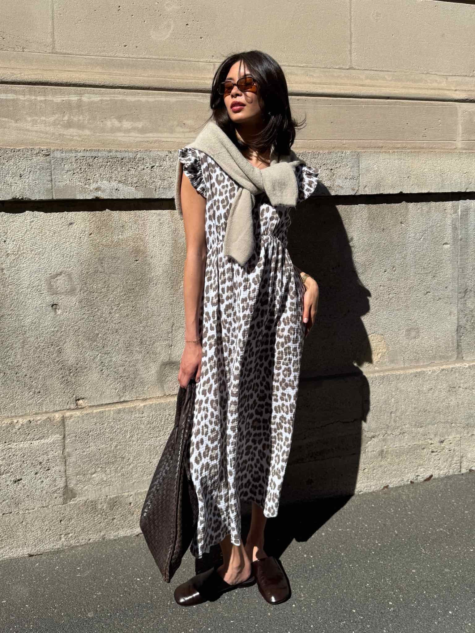 Maxi Musselin Kleid Rüschen Ärmel - Leo Print