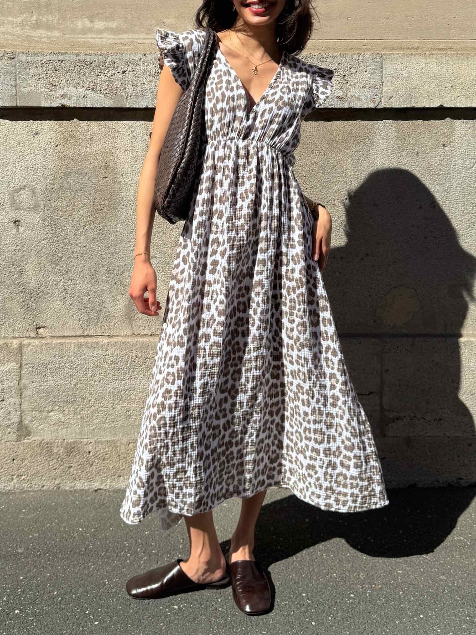 Maxi Musselin Kleid Rüschen Ärmel - Leo Print