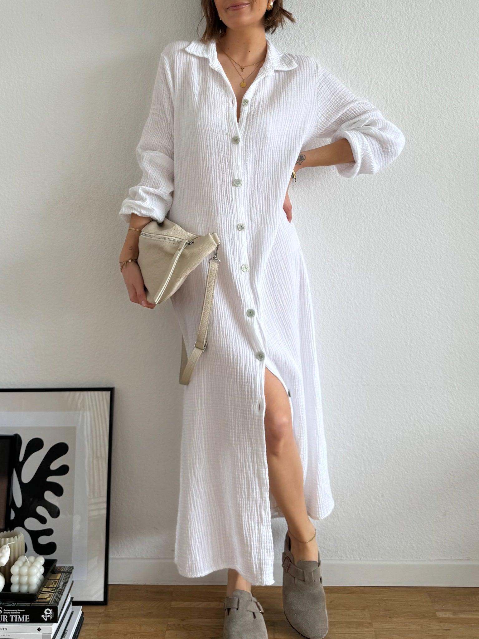 Maxi Musselin Kleid mit Perlmutknöpfen für Damen in White von Maingold Basics