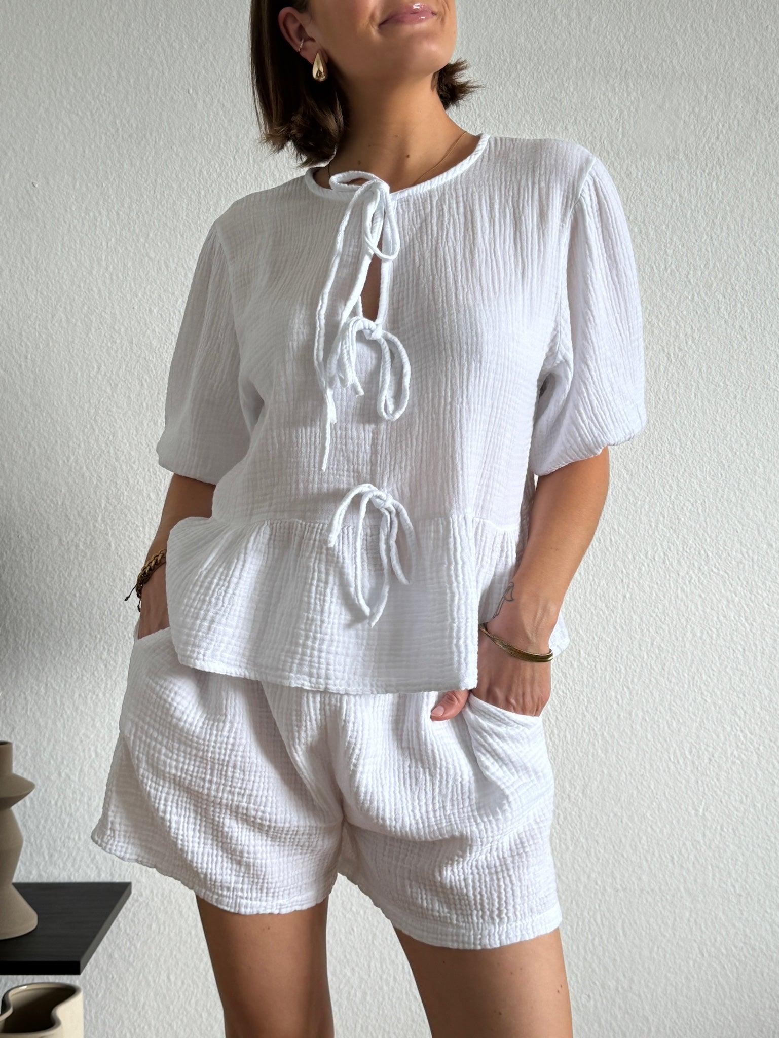 Musselin Bluse mit Schleifen für Damen in White von Maingold Basics