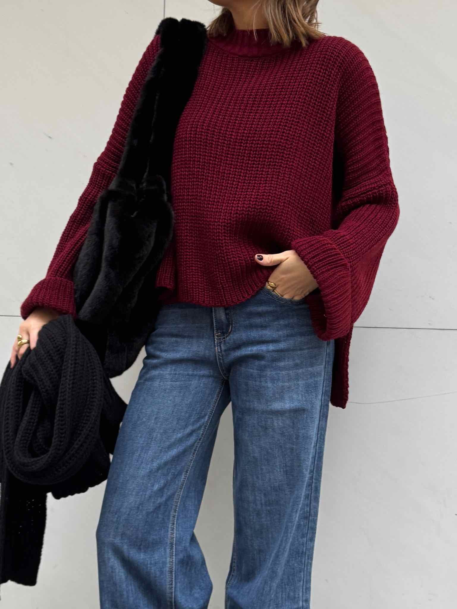 Short Oversize Pulli mit Schlitz - Bordeaux